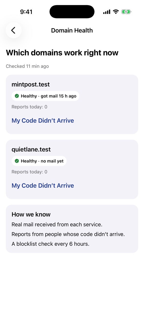 Domain health: each domain with its state and when it last received mail.