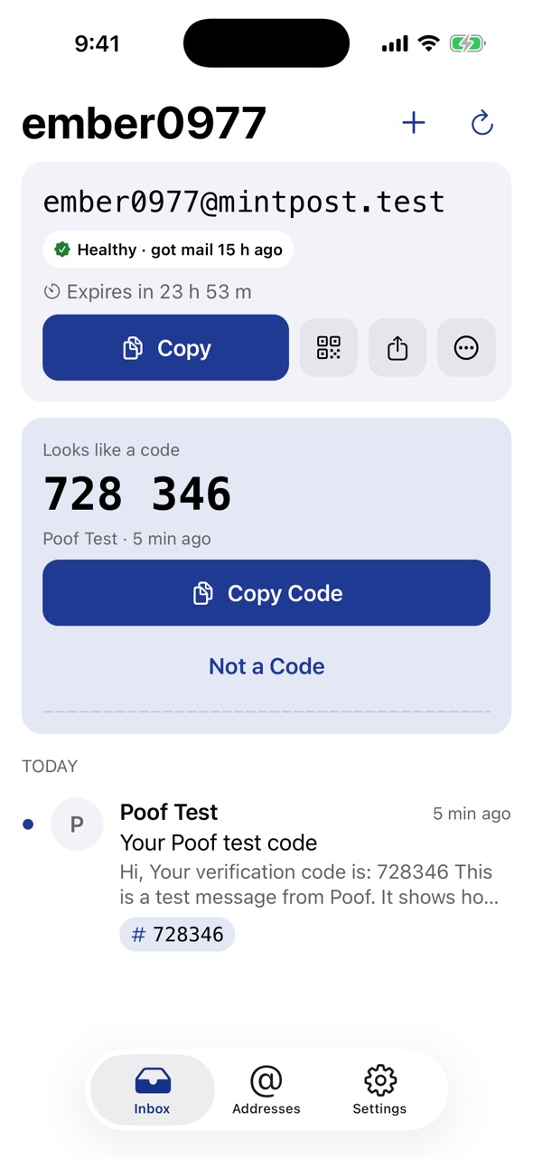 Inbox: the address with a Copy button, a countdown, and the newest code in large digits.