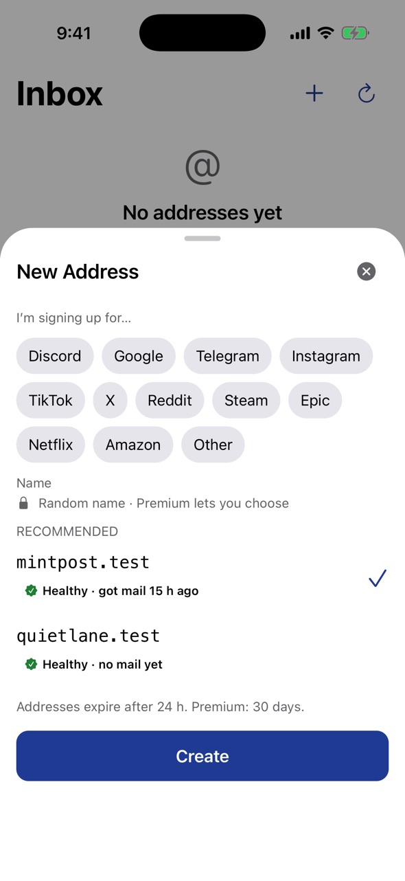 New address: pick the service you are signing up for and a domain that works for it.